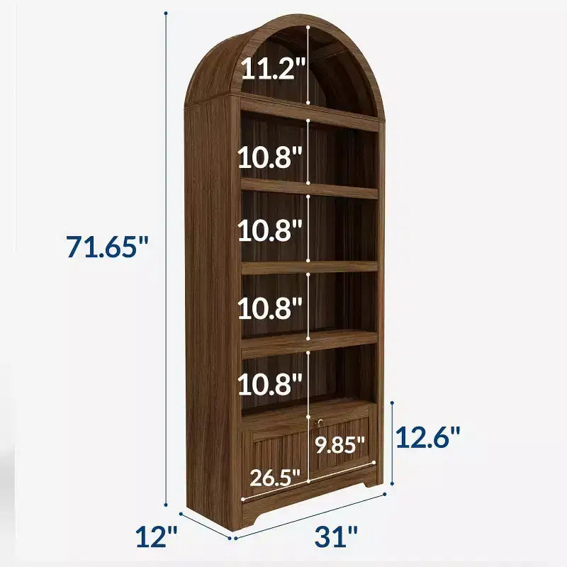 Hoher, 180 cm großer Bücherregalbogen mit 6 Ebenen, freistehendes Bücherregal mit Schublade und offenen Ablagefächern, Bücherregal mit Rundbogen im Mid-Century-Modern-Stil für das Arbeitszimmer