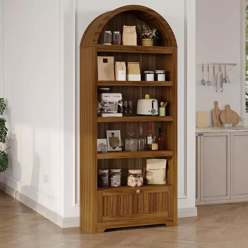 Hoher, 180 cm großer Bücherregalbogen mit 6 Ebenen, freistehendes Bücherregal mit Schublade und offenen Ablagefächern, Bücherregal mit Rundbogen im Mid-Century-Modern-Stil für das Arbeitszimmer