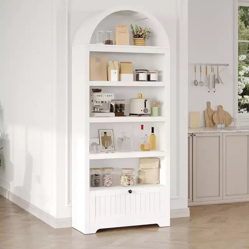 Hoher, 180 cm großer Bücherregalbogen mit 6 Ebenen, freistehendes Bücherregal mit Schublade und offenen Ablagefächern, Bücherregal mit Rundbogen im Mid-Century-Modern-Stil für das Arbeitszimmer