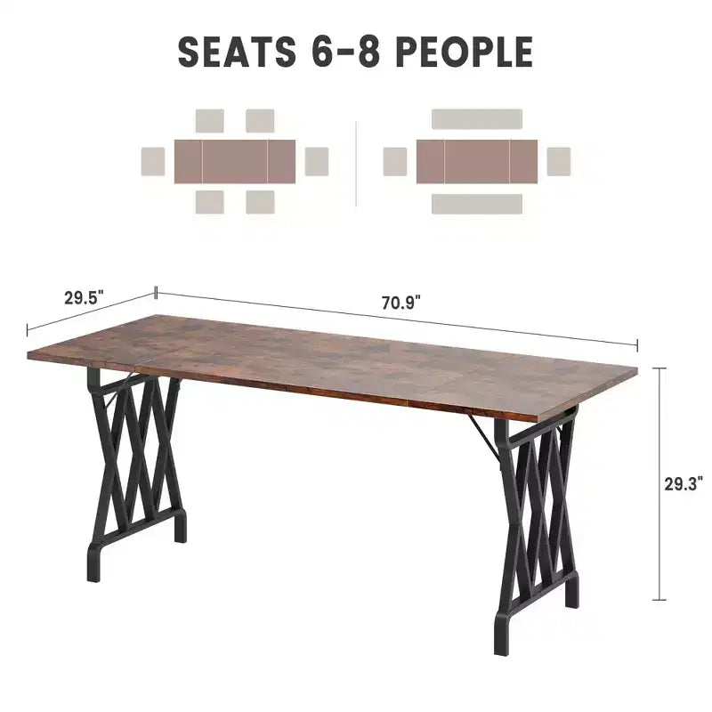 Table à manger rectangulaire de 70.9 de long pour 4 à 8 personnes - Plateau épais à grain de bois flammé avec renfort métallique robuste en X