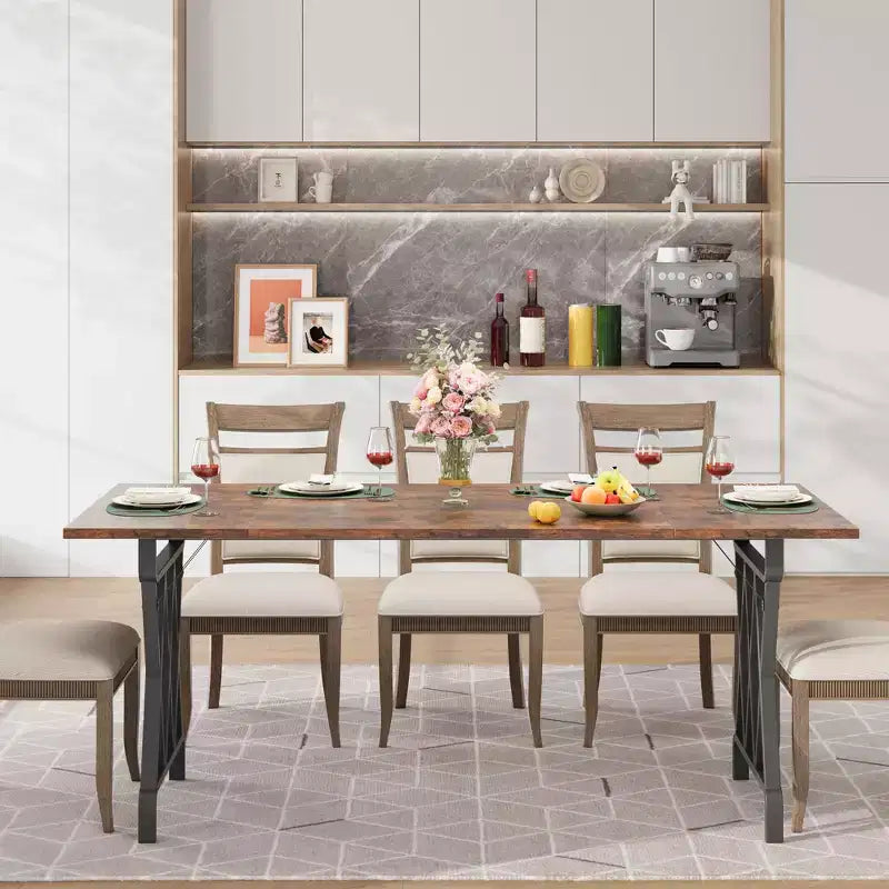 Table à manger rectangulaire de 70.9 de long pour 4 à 8 personnes - Plateau épais à grain de bois flammé avec renfort métallique robuste en X