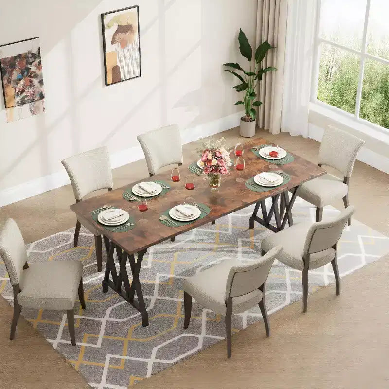 Table à manger rectangulaire de 70.9 de long pour 4 à 8 personnes - Plateau épais à grain de bois flammé avec renfort métallique robuste en X