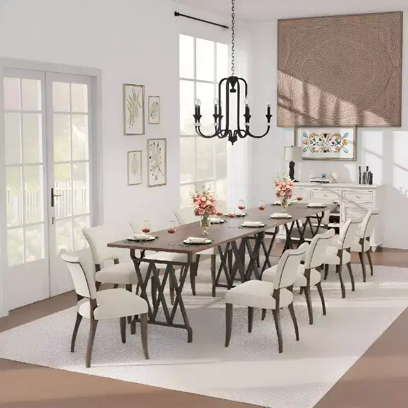 Table à manger rectangulaire de 70.9 de long pour 4 à 8 personnes - Plateau épais à grain de bois flammé avec renfort métallique robuste en X