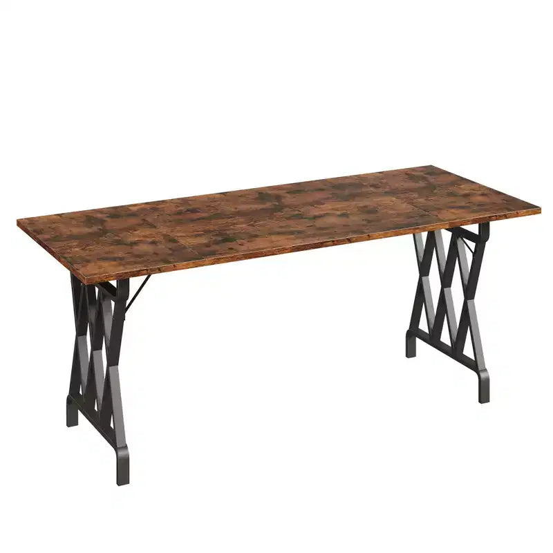 Table à manger rectangulaire de 70.9 de long pour 4 à 8 personnes - Plateau épais à grain de bois flammé avec renfort métallique robuste en X
