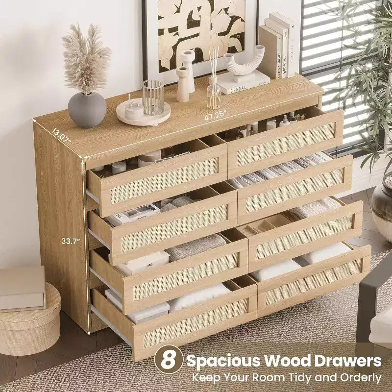 Cómoda doble para dormitorio con 8 cajones de ratán, cómoda moderna de ratán natural, armario de almacenamiento de madera para sala de estar y pasillo