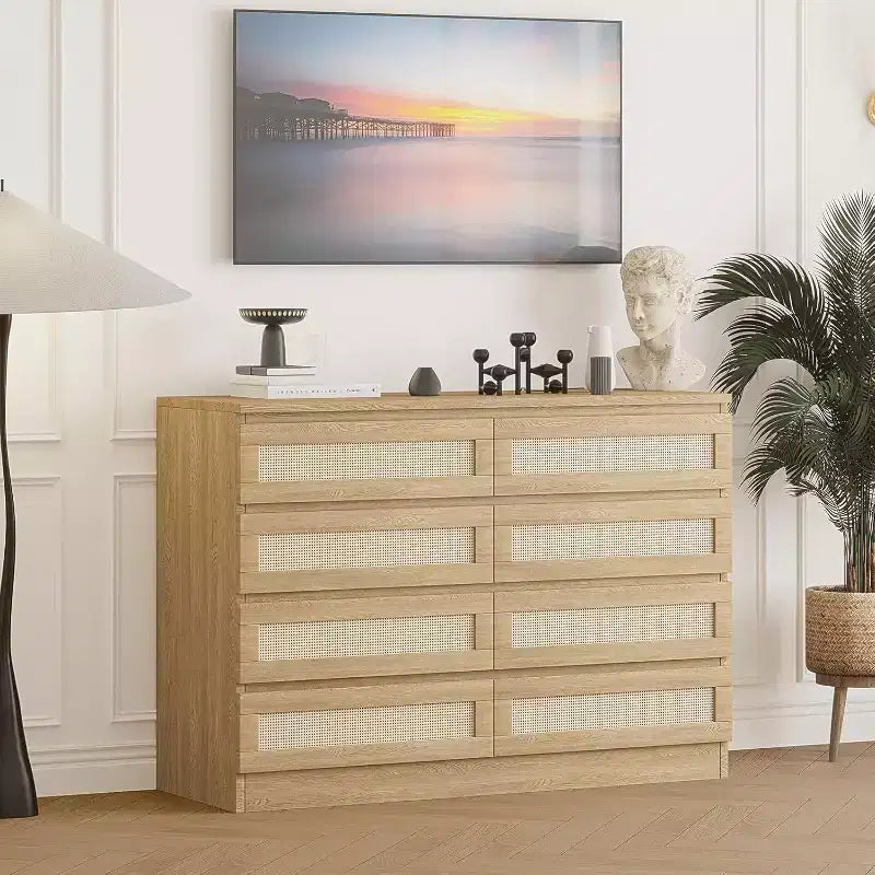 Cómoda doble para dormitorio con 8 cajones de ratán, cómoda moderna de ratán natural, armario de almacenamiento de madera para sala de estar y pasillo