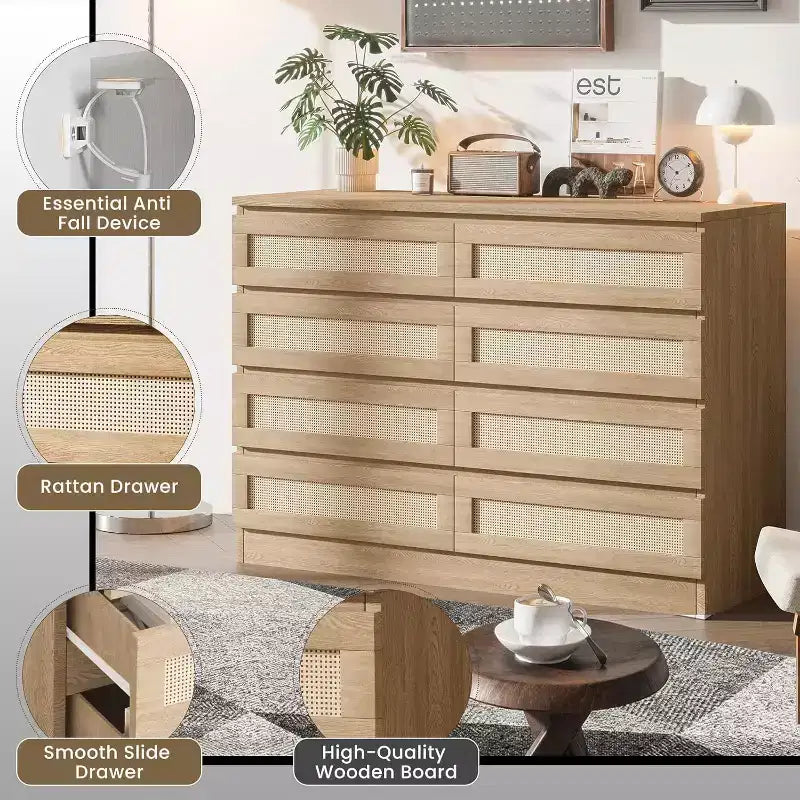 Cómoda doble para dormitorio con 8 cajones de ratán, cómoda moderna de ratán natural, armario de almacenamiento de madera para sala de estar y pasillo