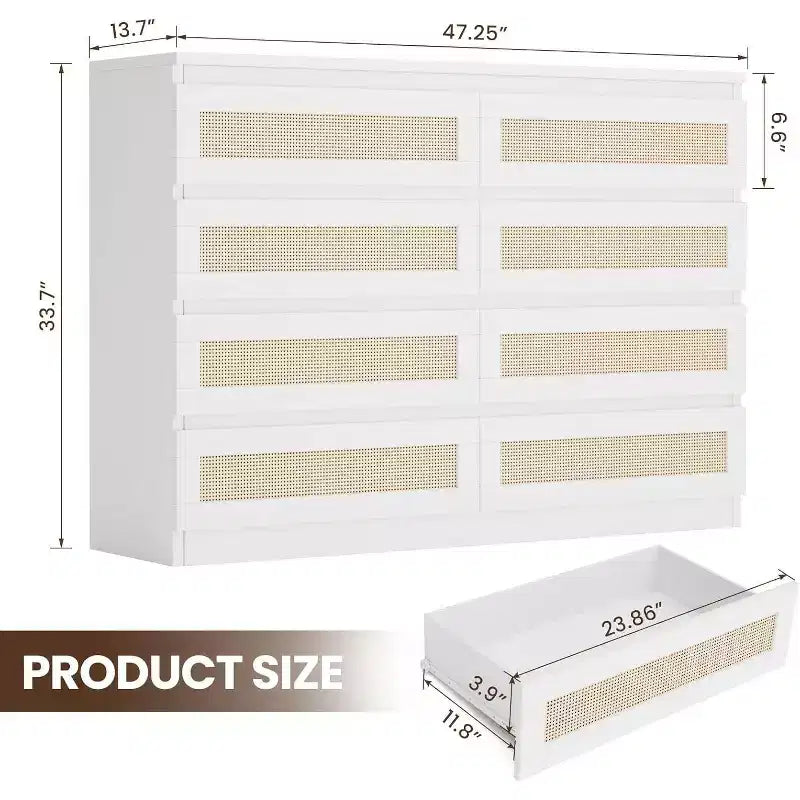 Cómoda doble para dormitorio con 8 cajones de ratán, cómoda moderna de ratán natural, armario de almacenamiento de madera para sala de estar y pasillo
