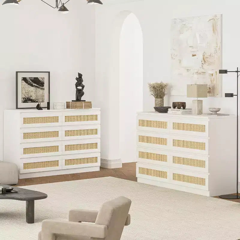 Cómoda doble para dormitorio con 8 cajones de ratán, cómoda moderna de ratán natural, armario de almacenamiento de madera para sala de estar y pasillo