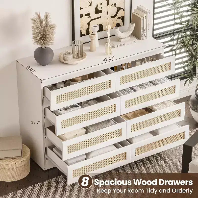 Cómoda doble para dormitorio con 8 cajones de ratán, cómoda moderna de ratán natural, armario de almacenamiento de madera para sala de estar y pasillo