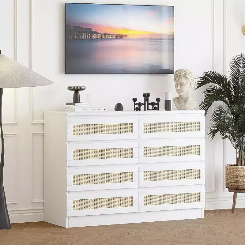 Cómoda doble para dormitorio con 8 cajones de ratán, cómoda moderna de ratán natural, armario de almacenamiento de madera para sala de estar y pasillo