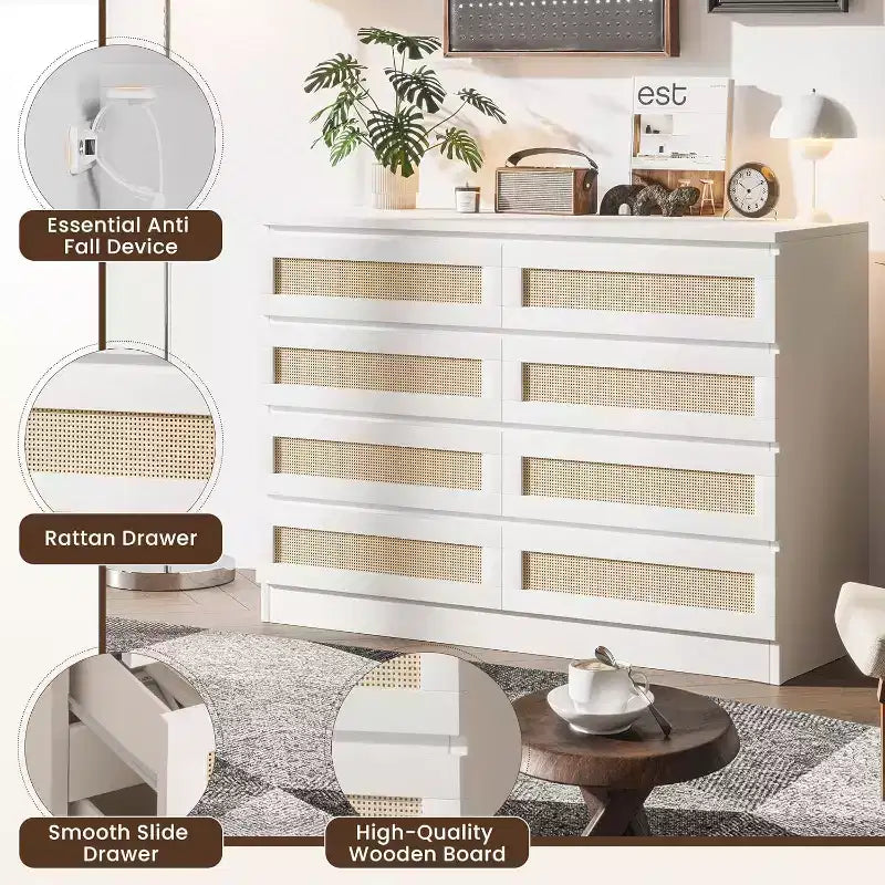 Cómoda doble para dormitorio con 8 cajones de ratán, cómoda moderna de ratán natural, armario de almacenamiento de madera para sala de estar y pasillo