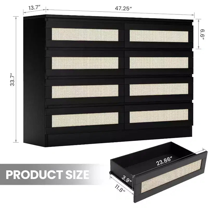 Cómoda doble para dormitorio con 8 cajones de ratán, cómoda moderna de ratán natural, armario de almacenamiento de madera para sala de estar y pasillo