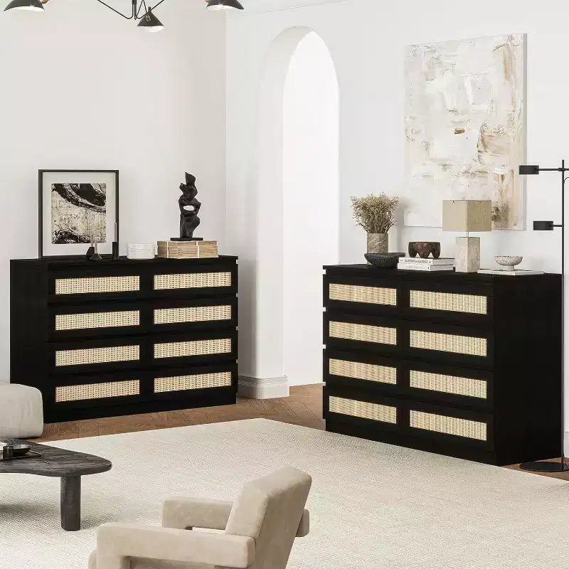 Cómoda doble para dormitorio con 8 cajones de ratán, cómoda moderna de ratán natural, armario de almacenamiento de madera para sala de estar y pasillo