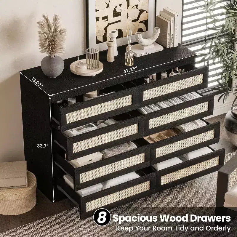 Cómoda doble para dormitorio con 8 cajones de ratán, cómoda moderna de ratán natural, armario de almacenamiento de madera para sala de estar y pasillo