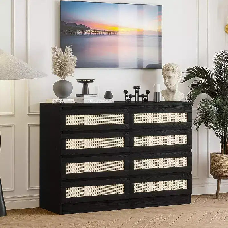Cómoda doble para dormitorio con 8 cajones de ratán, cómoda moderna de ratán natural, armario de almacenamiento de madera para sala de estar y pasillo