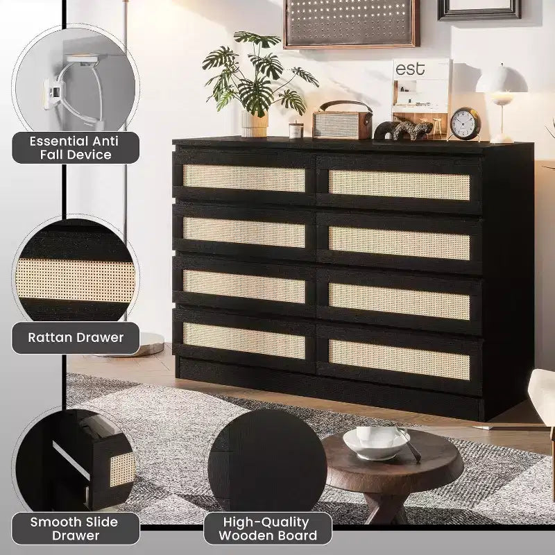 Cómoda doble para dormitorio con 8 cajones de ratán, cómoda moderna de ratán natural, armario de almacenamiento de madera para sala de estar y pasillo