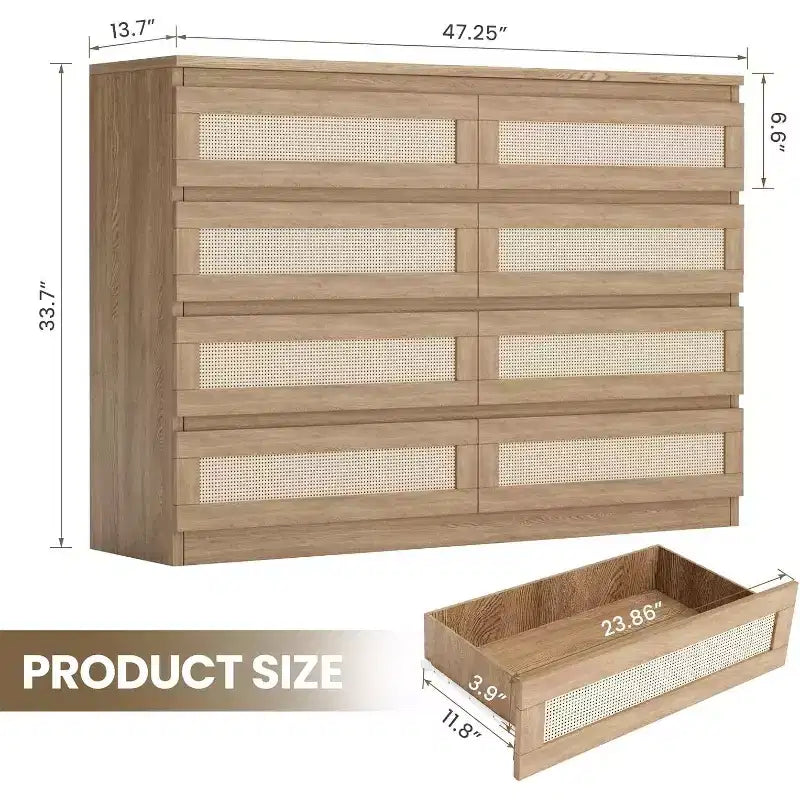Cómoda doble para dormitorio con 8 cajones de ratán, cómoda moderna de ratán natural, armario de almacenamiento de madera para sala de estar y pasillo