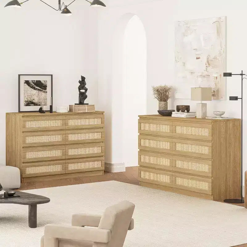 Cómoda doble para dormitorio con 8 cajones de ratán, cómoda moderna de ratán natural, armario de almacenamiento de madera para sala de estar y pasillo