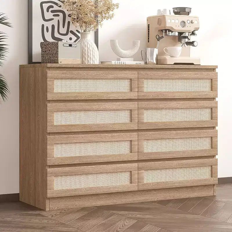Cómoda doble para dormitorio con 8 cajones de ratán, cómoda moderna de ratán natural, armario de almacenamiento de madera para sala de estar y pasillo