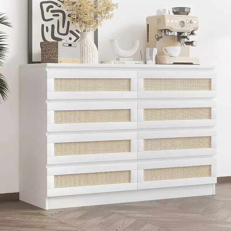 Cómoda doble para dormitorio con 8 cajones de ratán, cómoda moderna de ratán natural, armario de almacenamiento de madera para sala de estar y pasillo