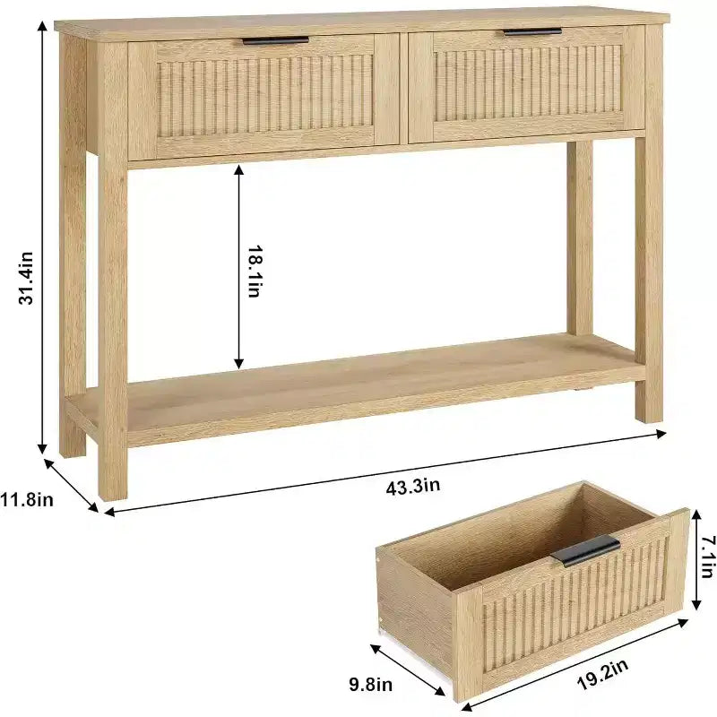 Table d’entrée de style champêtre de 43 pouces avec 2 tiroirs, table de canapé à 2 niveaux avec rangement pour salon, entrée et bureau