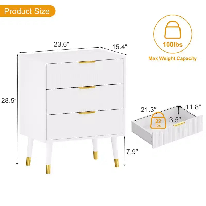 Petite commode moderne cannelée à 3 tiroirs pour chambre, table de chevet