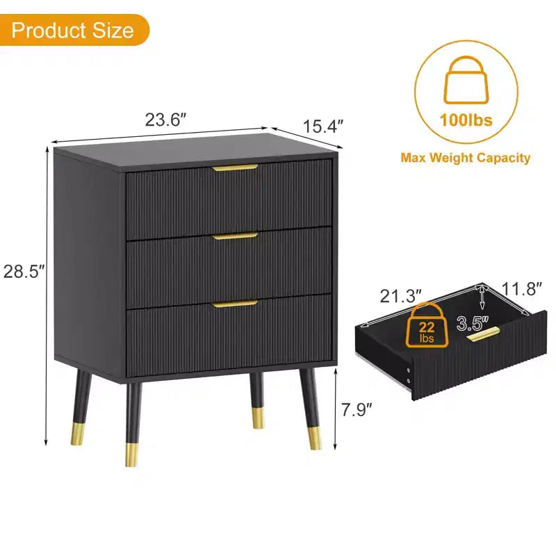 Petite commode moderne cannelée à 3 tiroirs pour chambre, table de chevet