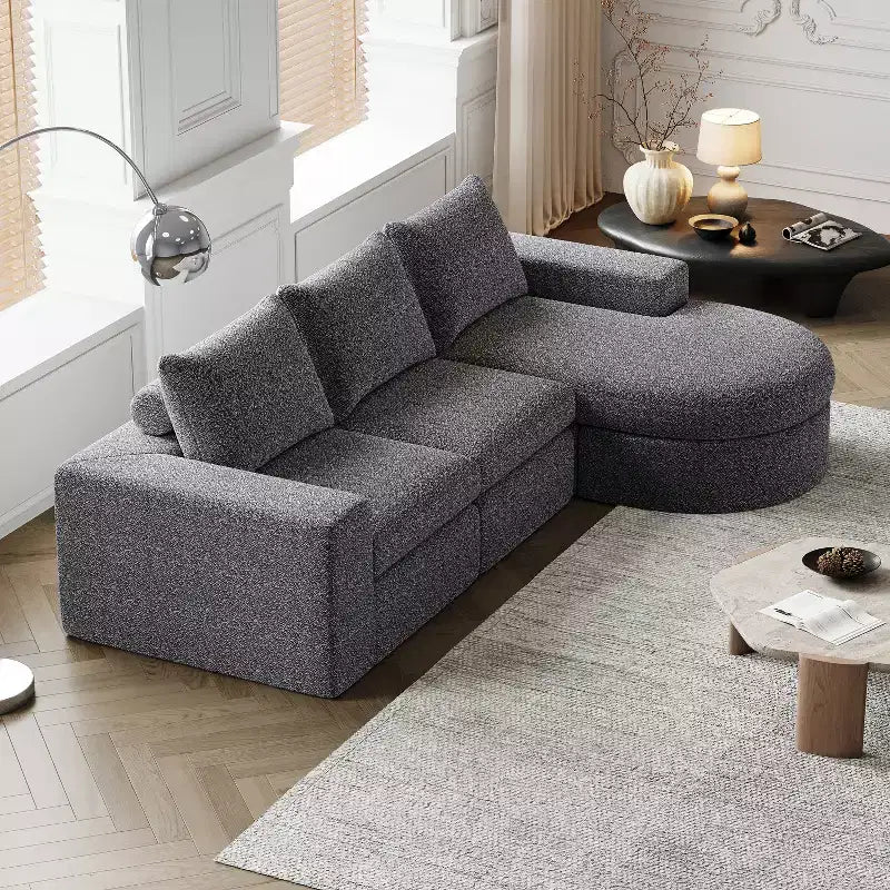 Canapé d’angle modulable en chenille bouclée avec méridienne, canapé en L avec coussins profonds et oreillers de soutien pour la nuque, pour le salon et la chambre