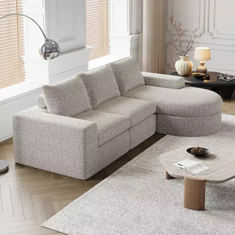 Canapé d’angle modulable en chenille bouclée avec méridienne, canapé en L avec coussins profonds et oreillers de soutien pour la nuque, pour le salon et la chambre