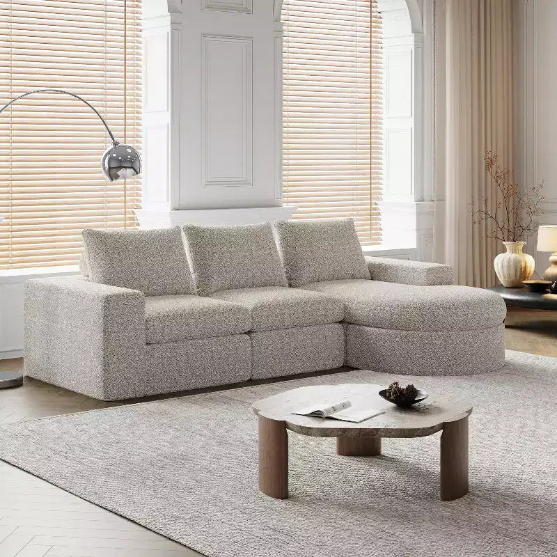 Curved Chenille Sectional Sofa with Chaise, L-Shaped Modular Couch with Deep Cushions and Neck Support Pillows for Living Room and Bedroom