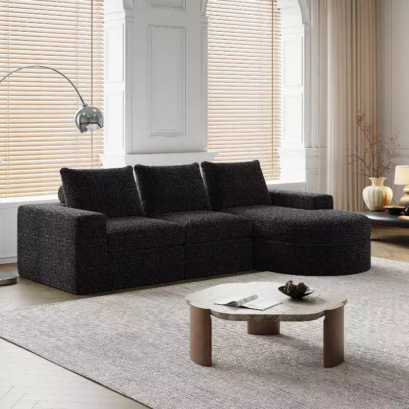 Canapé d’angle modulable en chenille bouclée avec méridienne, canapé en L avec coussins profonds et oreillers de soutien pour la nuque, pour le salon et la chambre
