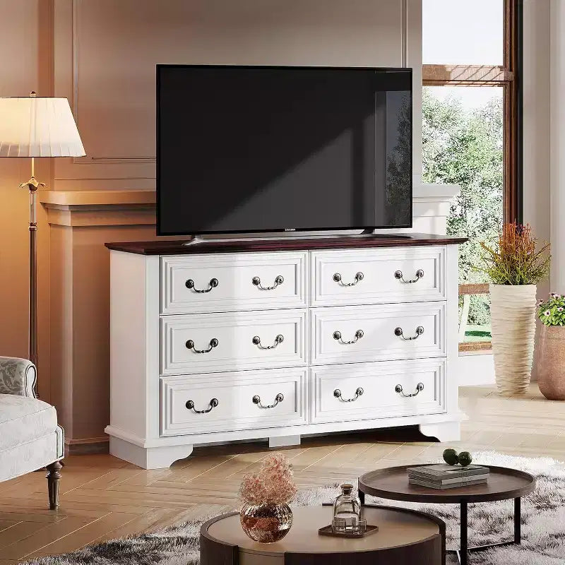 Commode de 51.97'' de large à 6 tiroirs avec poignées en métal, meuble TV pour téléviseur de 60 pouces, commode en bois de style rustique, meuble de rangement pour chambre et entrée
