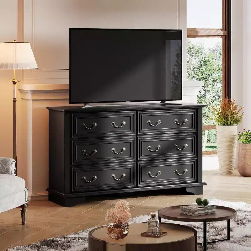 Commode de 51.97'' de large à 6 tiroirs avec poignées en métal, meuble TV pour téléviseur de 60 pouces, commode en bois de style rustique, meuble de rangement pour chambre et entrée