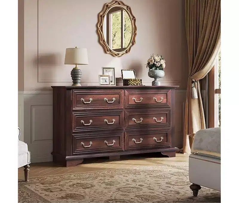 Commode de 51.97'' de large à 6 tiroirs avec poignées en métal, meuble TV pour téléviseur de 60 pouces, commode en bois de style rustique, meuble de rangement pour chambre et entrée