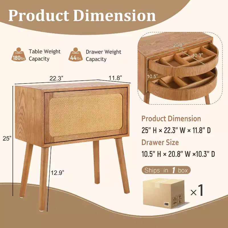 Table de chevet en rotin avec compartiment rotatif, table d’appoint pour canapé, table décorative, table de chevet