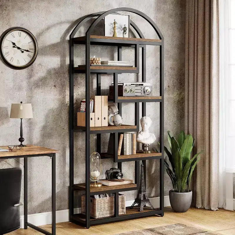 180 cm hohes gewölbtes Bücherregal, Aufbewahrungsregal mit offenen Präsentationsfächern für Wohnzimmer und Schlafzimmer, rustikal braun und schwarz