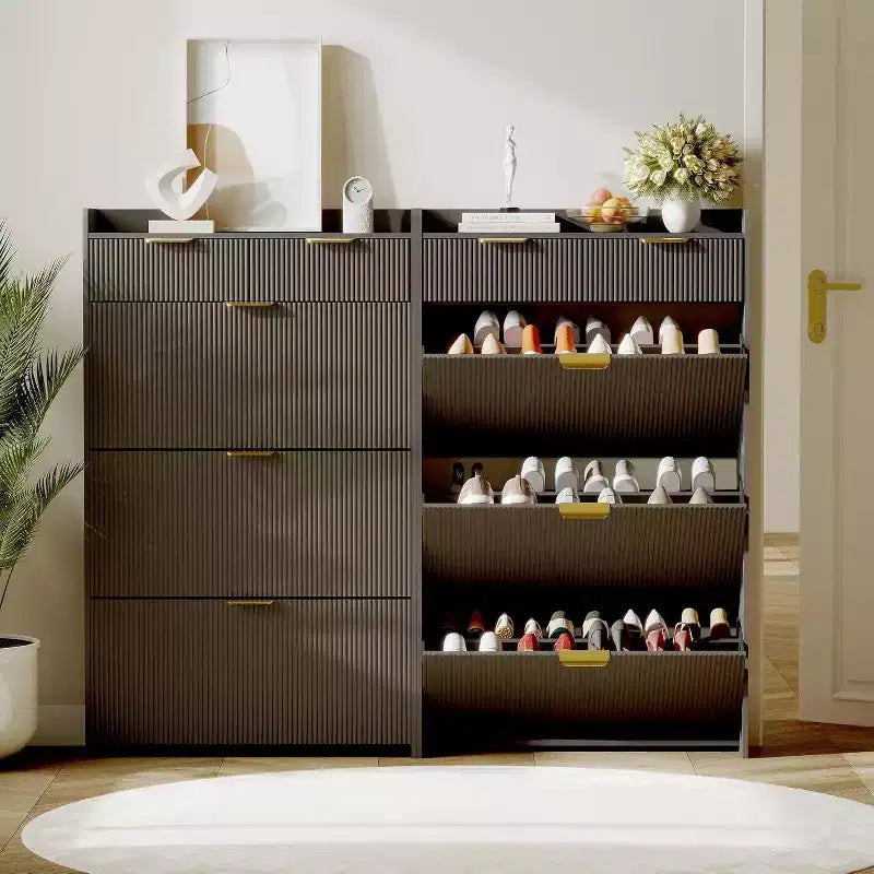 Meuble à chaussures cannelé - rangement mince à 2 tiroirs avec étagère réglable et crochets, rangement peu encombrant pour couloir et entrée, noir