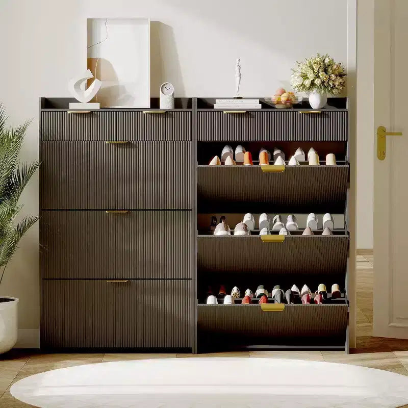 Meuble à chaussures cannelé - rangement mince à 2 tiroirs avec étagère réglable et crochets, rangement peu encombrant pour couloir et entrée, noir