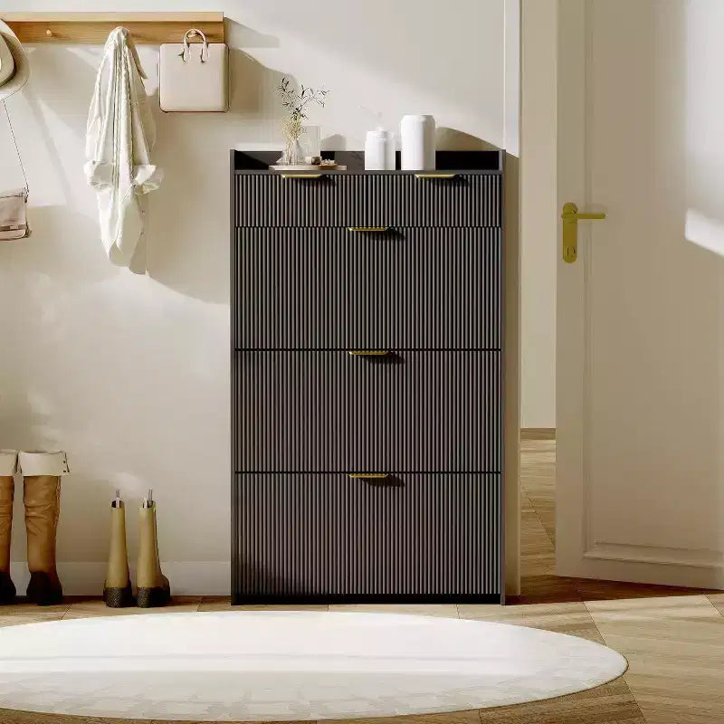 Geriffelter Schuhschrank - schmaler Organizer mit 2 Schubladen, verstellbarem Einlegeboden und Haken, platzsparender Stauraum für Flur und Eingangsbereich, schwarz