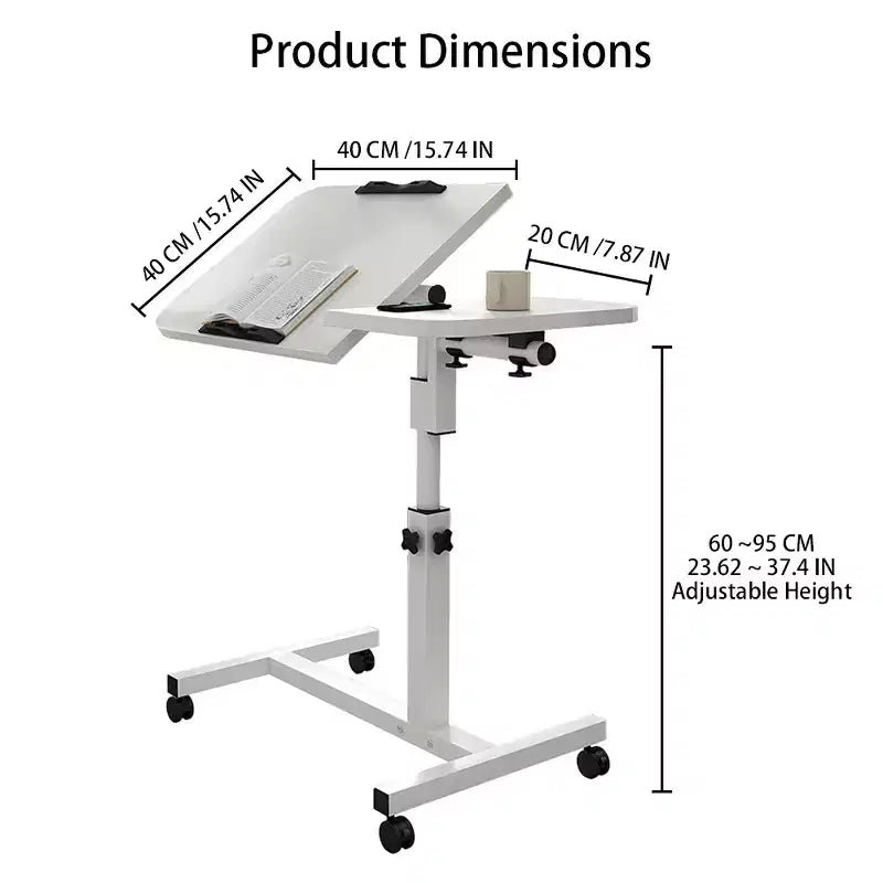 Bureau mobile réglable pour ordinateur portable, table d’appoint à roulettes avec plateau inclinable, pour ordinateur portable, cahier et repas