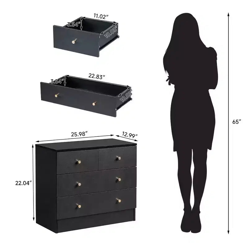 Commode à 4 tiroirs en panneaux de particules, largeur de 25.98in.