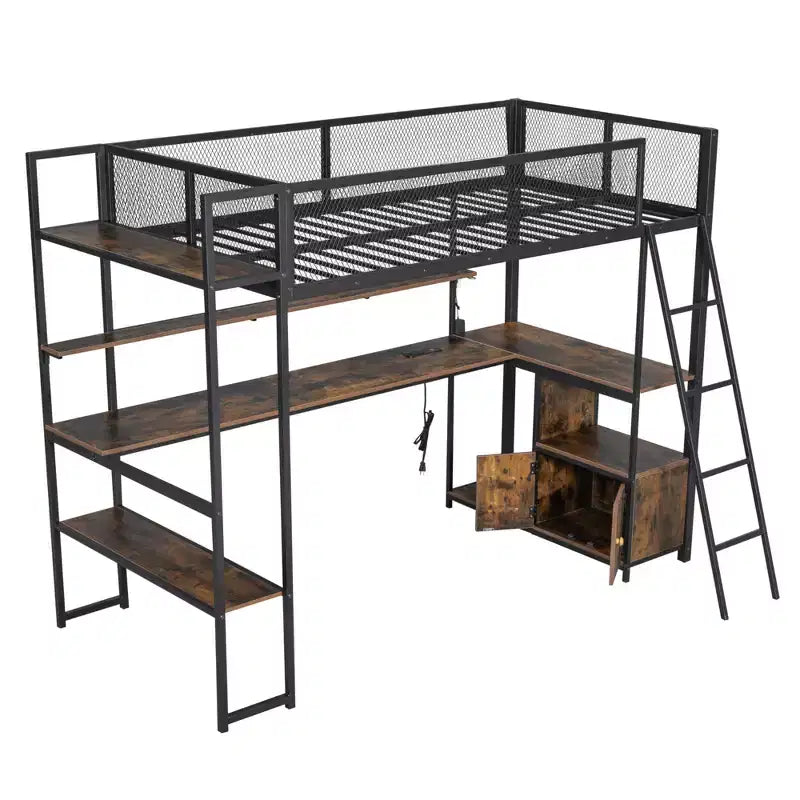 Cama alta metálica individual con estación de trabajo integrada y LED, estructura resistente para cama alta con múltiples espacios de almacenamiento