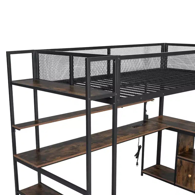 Cama alta metálica individual con estación de trabajo integrada y LED, estructura resistente para cama alta con múltiples espacios de almacenamiento