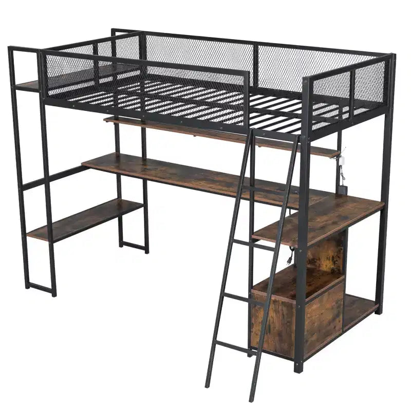 Cama alta metálica individual con estación de trabajo integrada y LED, estructura resistente para cama alta con múltiples espacios de almacenamiento