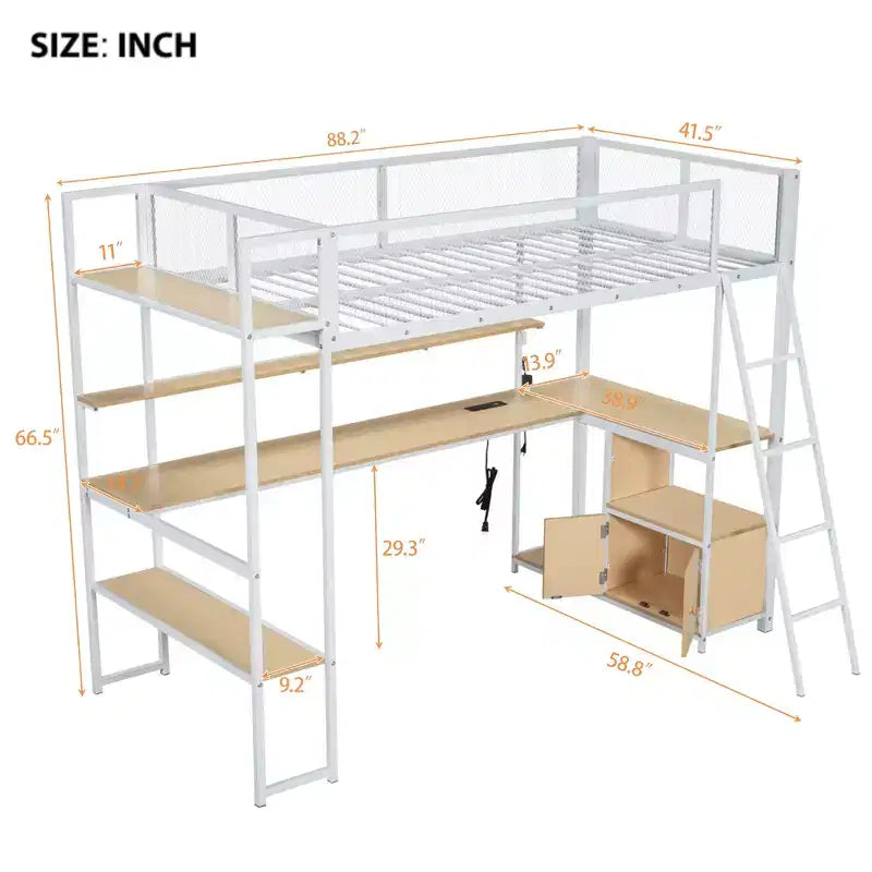 Cama alta metálica individual con estación de trabajo integrada y LED, estructura resistente para cama alta con múltiples espacios de almacenamiento