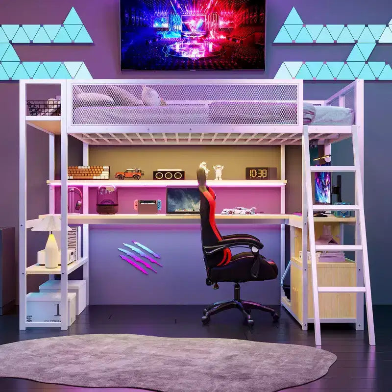 Cama alta metálica individual con estación de trabajo integrada y LED, estructura resistente para cama alta con múltiples espacios de almacenamiento
