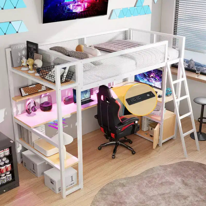 Cama alta metálica individual con estación de trabajo integrada y LED, estructura resistente para cama alta con múltiples espacios de almacenamiento