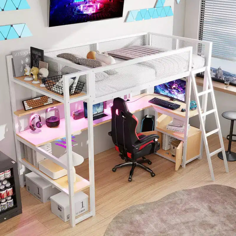 Cama alta metálica individual con estación de trabajo integrada y LED, estructura resistente para cama alta con múltiples espacios de almacenamiento