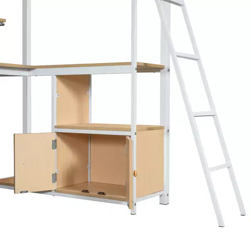 Cama alta metálica individual con estación de trabajo integrada y LED, estructura resistente para cama alta con múltiples espacios de almacenamiento
